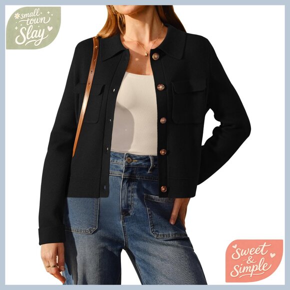 Wool Blend Cropped Cardigan Button Down Shacket Long Sleeve